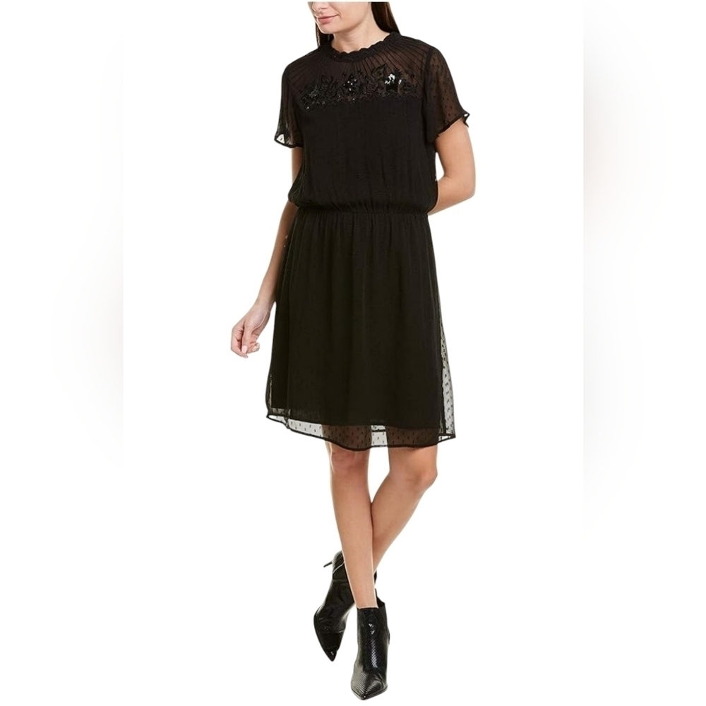 Velvet Graham & Spencer Swiss Dot Black Mini Dress Embroidered Sheer Neck